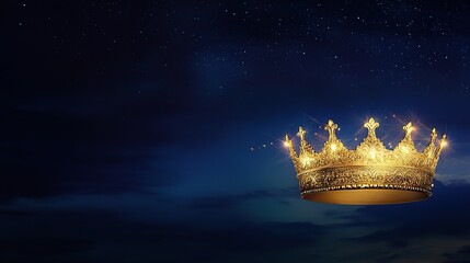 A Shimmering Golden Crown Resting on a Glowing Floating Ring Against a Deep Blue Night Sky