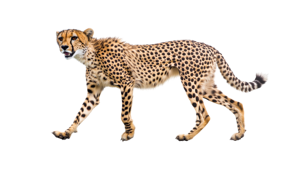 Cheetah walking with spotted fur isolated on a transparent background