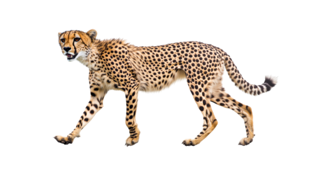 Cheetah walking with spotted fur isolated on a transparent background