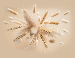 Floating Dried Pampas Grass and Wheat Stems on Beige Background