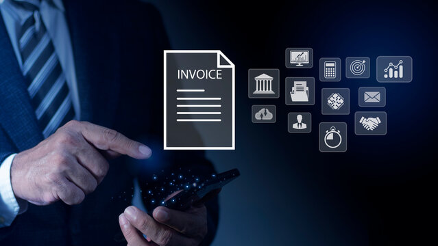 Professional businessman touch manage an E-Invoice on a futuristic virtual interface. Financial report and bank management with online payment concept. Invoice and online statements. - Powered by Adobe