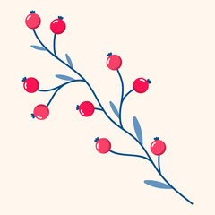 Red berries. Winter plant. Winter branches and leaves. Winter floral elements. Holiday decoration. Vector illustration