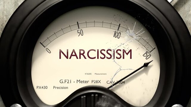 Narcissism meter showing big levels of narcissism. Dangerously increasing high values of narcissism, critical overload. Too much, off the charts. Max narcissism