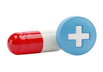 Red and white capsule with blue plus sign isolated PNG, medical treatment and healthcare concept on transparent background
