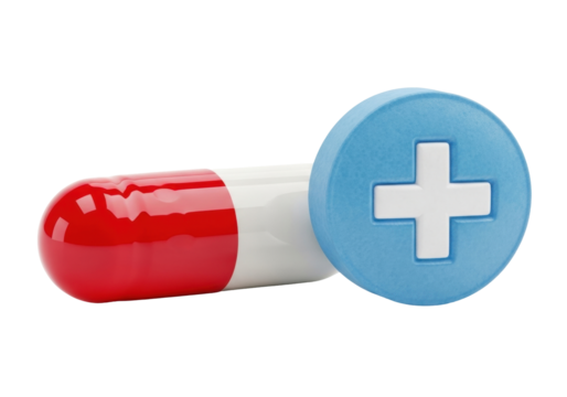 Red and white capsule with blue plus sign isolated PNG, medical treatment and healthcare concept on transparent background