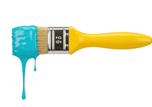 Paint brush with blue paint isolated on transparent background, painting tool for creative projects and home improvement PNG