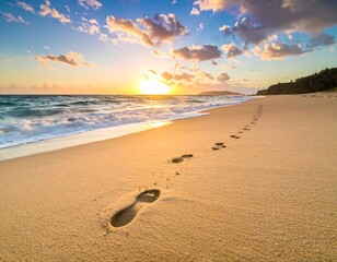 Sandy beach with footprints leading to the vibrant sunset