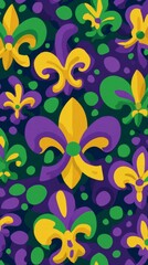 Mardi Gras floral pattern background with green, purple, and yellow motifs, vertical wallpaper