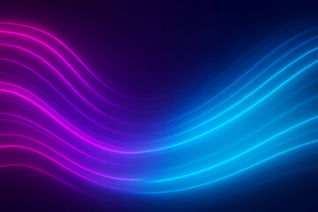 Fototapeta premium Wavy glowing neon lines in pink and blue flowing smoothly in an abstract futuristic style on a dark gradient background, representing motion, flow, and energy. Texture, background.