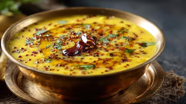 Delicious dal served in a traditional brass bowl with spices and herbs highlighting the dish's rich flavors