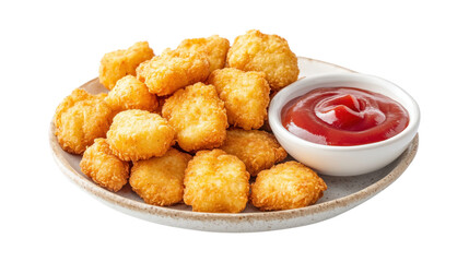 Golden potato tots and ketchup isolated on a transparent background