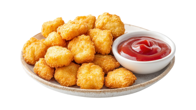 Golden potato tots and ketchup isolated on a transparent background