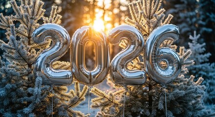 Silver 2026 balloons nestled in snowcovered pine trees, illuminated by a golden sunset, symbolizing the upcoming year