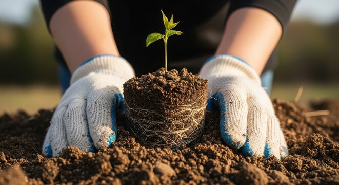 Close up of hands planting a young tree seedling in the ground, symbolizing growth, care, and environmental responsibility
