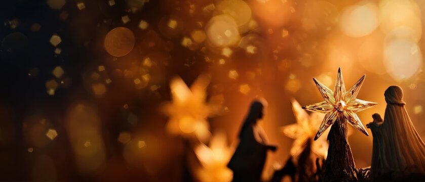 Nativity scene with star of Bethlehem and blurred figures in warm golden light, depicting the Christmas story and the concept of faith and spirituality