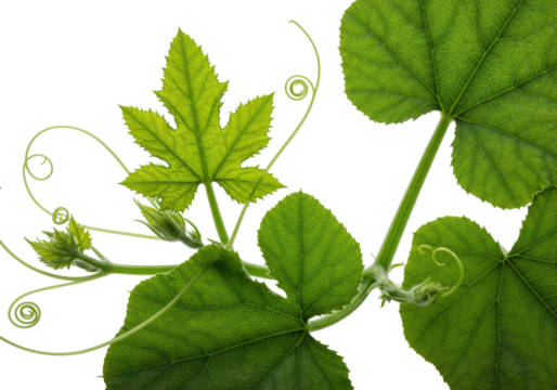 Vibrant pumpkin or squash plant vine with textured lime green and forest green leaves, coiling tendrils, on transparent background with copy space, soft studio light. Concept of botanical vitality