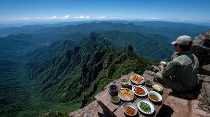 Man sitting on rocky mountain edge enjoying meal with multiple dishes and drinks served on wooden table overlooking vast green mountain range under clear blue sky