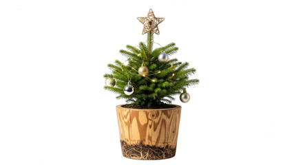 Small christmas tree with star and ornaments isolated on transparent background
