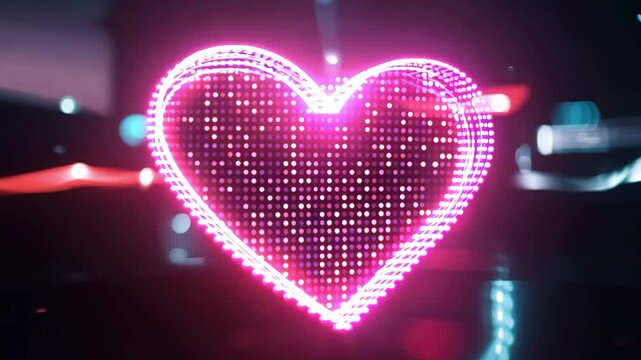 Glowing neon heart shape made of digital dots on a dark background