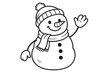 Snowman wearing a hat and scarf, waving hello, celebrating winter holidays, friendly christmas character outline illustration