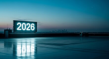 Illuminated 2026 sign on a rooftop overlooking a cityscape at night, symbolizing the upcoming year