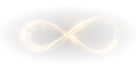 Golden infinity symbol with digital glow representing futuristic science technology and visual imagination.
