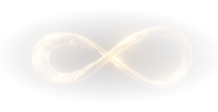 Golden infinity symbol with digital glow representing futuristic science technology and visual imagination.
