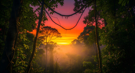 Fototapeta premium A view of a dense forest with a vibrant sunset sky and hanging vines in the foreground scene view