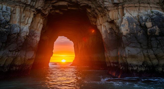 Ocean cave entrance framing a vibrant sunset with waves crashing on the shore at golden hour view - Powered by Adobe