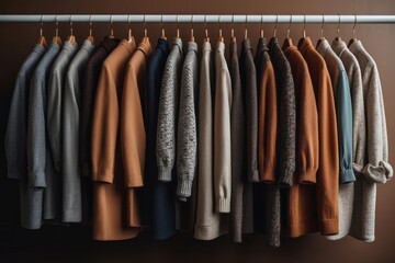 Clothes hanging in row. Many clothes for autumn or fall season