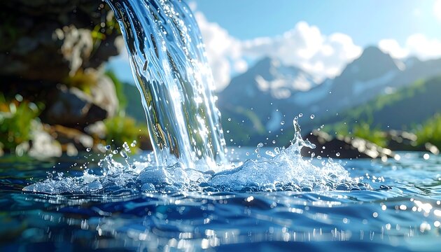 A close-up view of cascading water forming a splash. Mountains and green foliage provide a scenic background under a cloudy sky