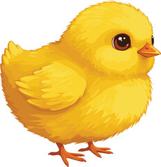 Cute fluffy yellow baby chick, adorable cartoon bird illustration, farm animal vector, spring poultry artwork, realistic little chicken drawing