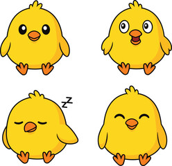 Cute yellow chick cartoon expressions set, adorable baby bird character emotions, sleeping, happy, surprised, funny animal vector illustration art