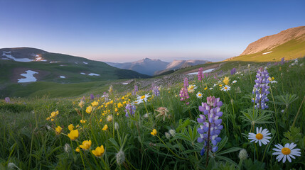 Obraz premium Majestic Alpine Landscape with Blooming Meadow