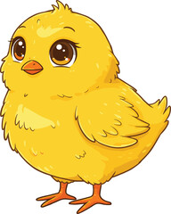 Cute yellow baby chick cartoon illustration, adorable fluffy bird character, small farm animal vector, sweet newborn chicken drawing, wildlife art
