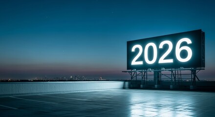 Illuminated billboard with 2026 year on the water at night with city skyline in the distance