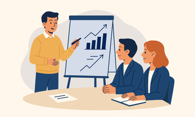 Flat vector illustration of a man presenting a business growth chart to colleagues. Symbol of leadership, teamwork, corporate training, and strategic success. Ideal for business websites.