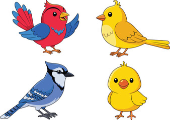 Colorful cartoon birds collection, cute yellow red and blue bird characters, vector animal illustration, children art, wildlife design, adorable drawing