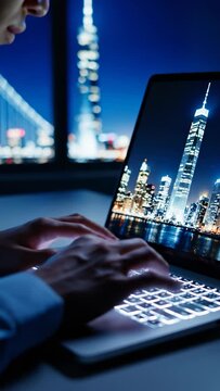 Overhead view of a person typing on a glowing laptop in a dark room with city lights in the background at night