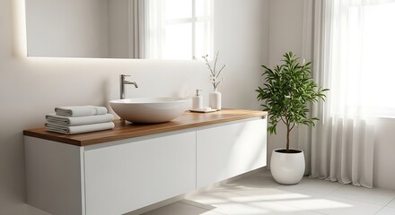 Bright Modern Bathroom Vanity with Large Window and Potted Plant