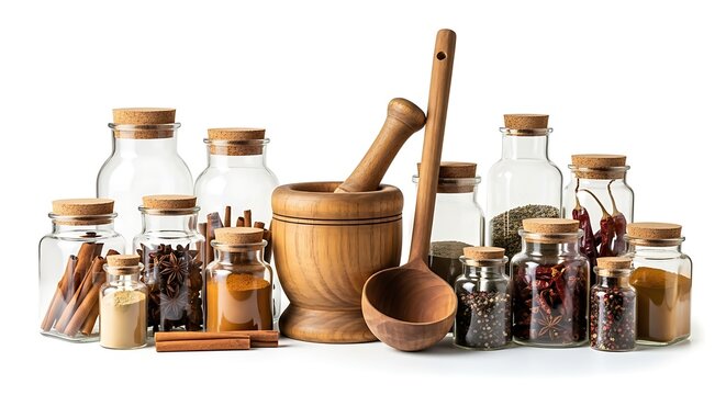 Assortment of glass jars filled with spices and herbs