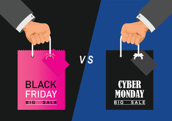 Human hands holding Black Friday and Cyber Monday shopping bags.