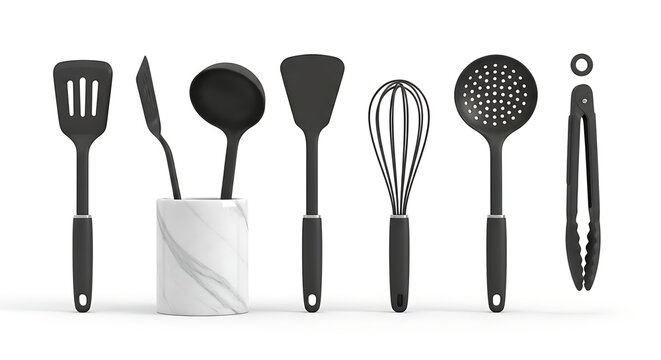 Black kitchen utensils on white background copy space - Powered by Adobe