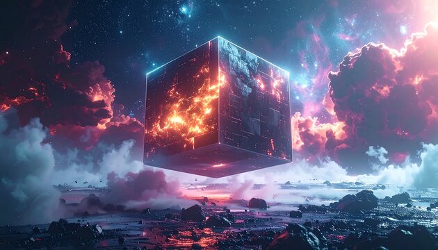 A colossal, floating cube emanates fiery energy within a digital grid, contrasting with swirling clouds and a star-speckled cosmos