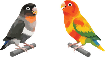 Colorful lovebird pair on perch, exotic tropical parrots illustration, vibrant orange and black parrot design for wildlife art