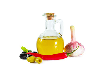 Olive oil in a transparent jug, garlic, olives and red chili pepper. Ingredients of Mediterranean...