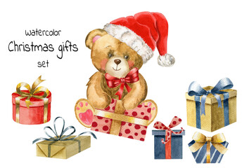 Watercolor hand drawn illustration plush teddy bear in santa claus hat with presents. Stuffed animals watecolor. Childish teddy bear isolated on white background.