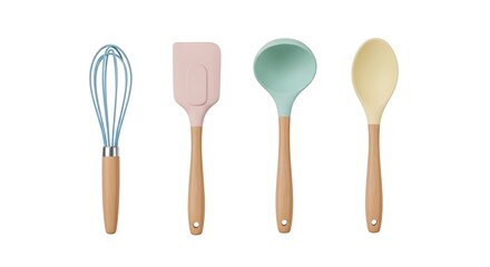 Colorful kitchen utensils set against a white background
