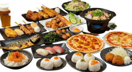 Extensive array of photorealistic Japanese dishes and beverages: grilled fish, karaage, yakitori, sushi, sake, beer, isolated on transparent background, flat lay. Concept of comprehensive Japanese