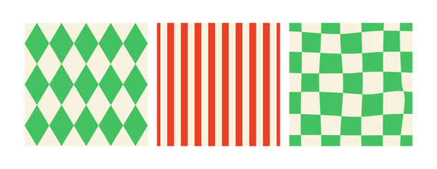 Fototapeta na wymiar Set of abstract geometric holiday seamless patterns. Christmas vector flat backgrounds with stripes, checks and rhombuses. Festive design for wrapping paper, textiles and greeting cards